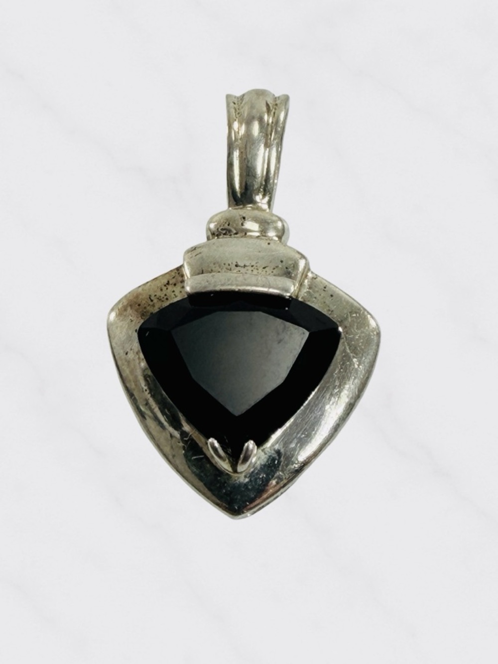 Vintage Sterling Silver 925 Amulet Shield Black Spinel Gemstone Pendant Charm